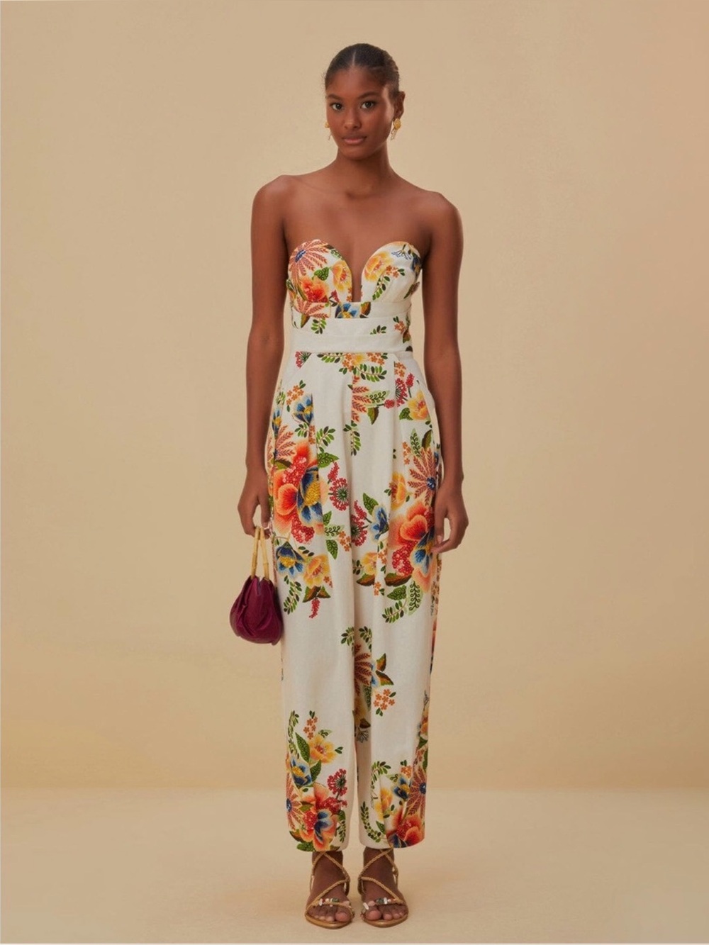 FARM Rio Strapless Floral Barrel-Leg Jumpsuit - White with Red, Orange & Blue